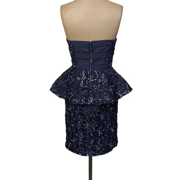 Alice + Olivia Mini Dress Blue Sequin Lace Strapless Peplum Pencil - Picture 6 of 10
